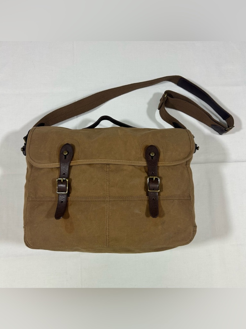 NWT J.Crew Abingdon Waxed Canvas Messenger Bag Laptop Brown Khaki Leather Trim